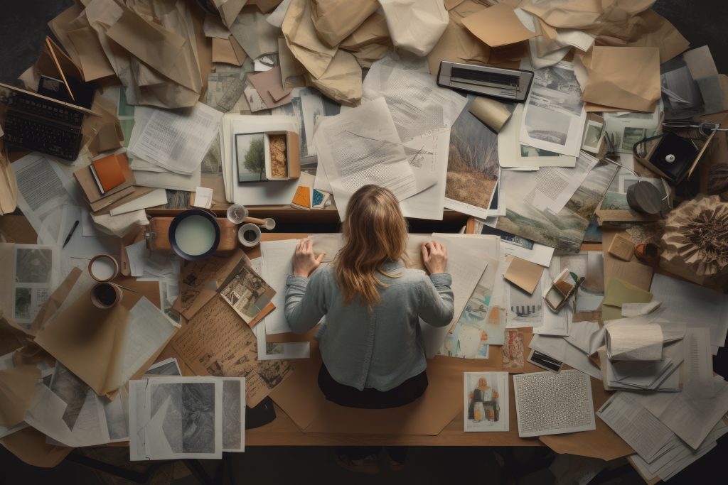 A woman is sitting at a desk full of papers and other documents in the style of design by architects. Generative AI AIG30.