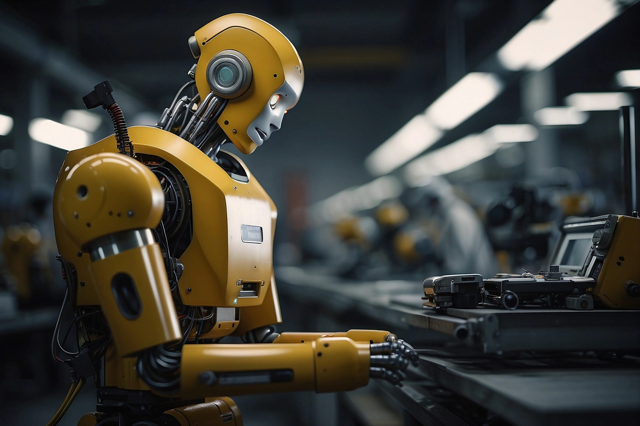 Industrial robot assembly line in factory. Smart industry 4.0 concept